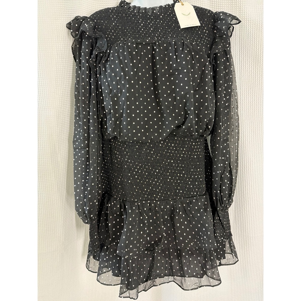 Free The Roses Black Polka Dot Smocked Ruffle Mini Dress Medium NWT